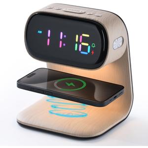 WILIT Digital Alarm Clock with Wireless Charging,Colorful LED Display,Dimmable Night Light,Snooze Function,Modern Bedside Clock for Bedroom,Kids,Teens,Adults,Gift for Men and Women(Wood Grain)