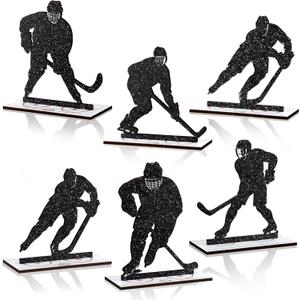 6 Pcs Hockey Party Table Decoration Wooden Sports Table Sign Glitter Ice Hockey Players Silhouette Centerpieces Ice Puck Tiered Tray Decor for Fans Club Sport Birthday Tailgate Party Supplies
