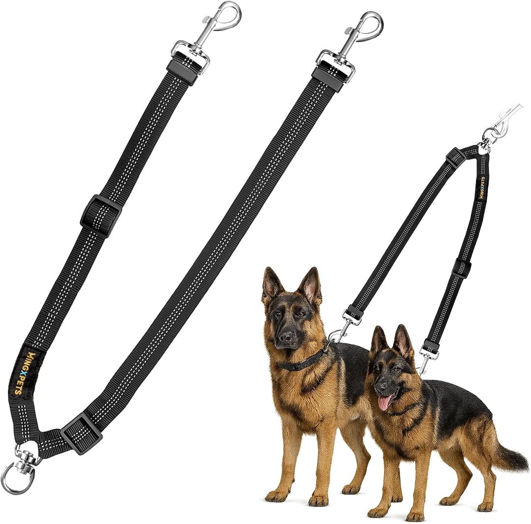 MingXpet Double Dog Leash for Two Dogs, No Pull Dog Leash, 360° Swivel No Tangle for Large Dogs Walking & Training, Shock Absorbing Reflective Bungee, Black
