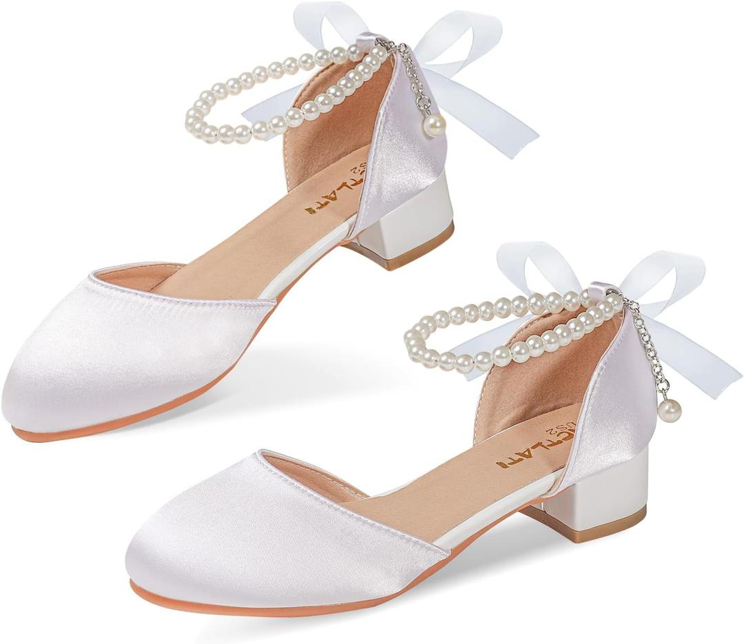 MEJORMEN Girls Heels Flower Dress Shoes Sandals Bow Pearl Ankle Strap Mary Jane Pumps Wedding Party Princess Shoes for Big Girl, 13 Little Kid