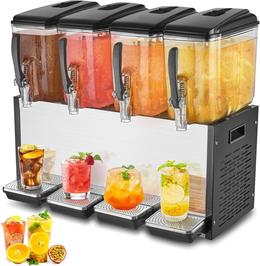 VEVOR Commercial Beverage Dispenser, 4 Tanks 12 L / 12.7 QT Per Tank Juice Dispenser, 510W Stainless Steel Ice Tea Drink Machine with 45F-54F Cooling Temperature, for Cold Drink Restaurant Bar Party