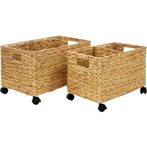 PEMAR Rolling Wicker Storage Basket Set of 2 Natural Water Hyacinth & Seagrass Bins on Wheels with Removable Divider & Insert Handles Nesting Design for under Desk, Home & Office Organization