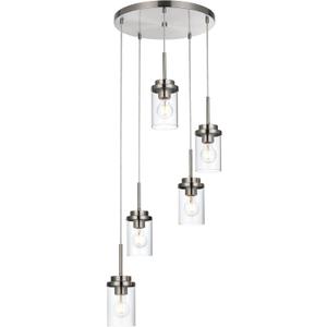 MELUCEE 5-Light Cluster Pendant Lights Stairwell Lighting Brushed Nickel Chandelier for Dining Room, Modern Kitchen Island Pendant Lighting Adjustable Hanging Ceiling Lamp with Clear Glass Shade (5 Lights-Round)
