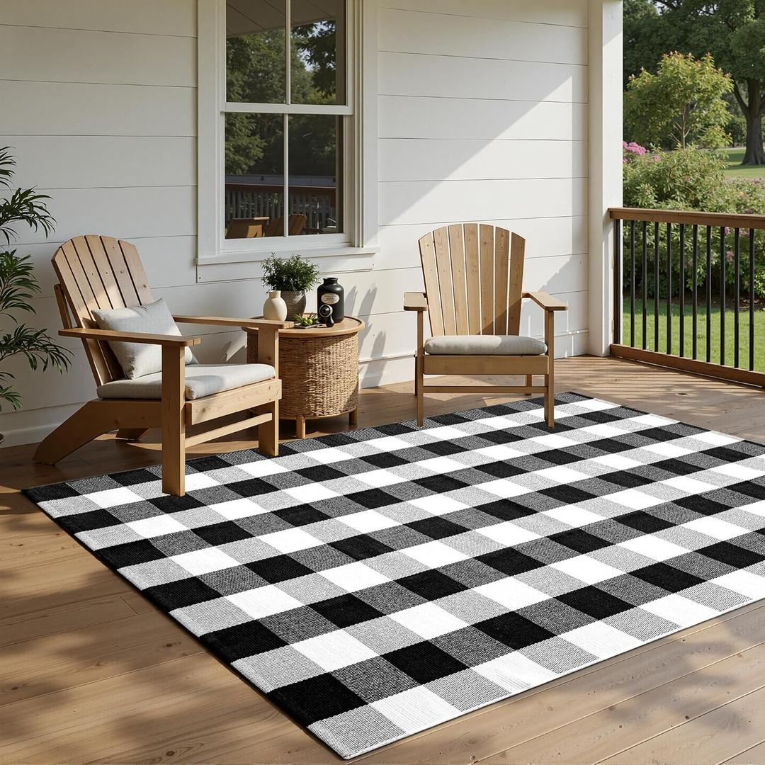 joybest Buffalo Plaid Rug 5 x 7 ft Black and White Checkered Area Rug Cotton Hand-Woven Indoor Outdoor Rugs Carpet for Patio, Living Room, Dining Room, Bedroom