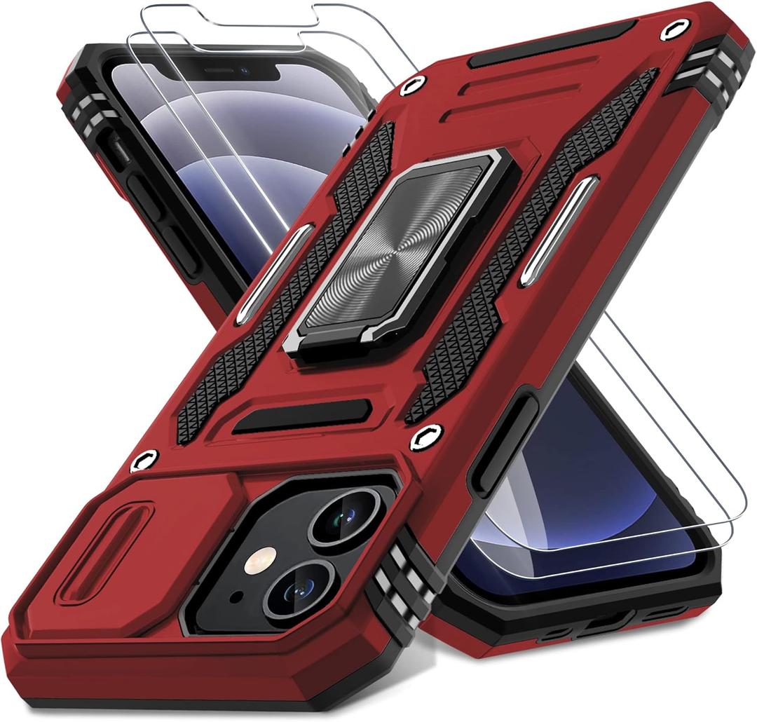 DEERLAMN Case for iPhone 12/12 Pro with Slide Camera Cover+Screen Protector(2 Packs),Rotated Ring Kickstand Military Grade Shockproof Protective Cover-Red