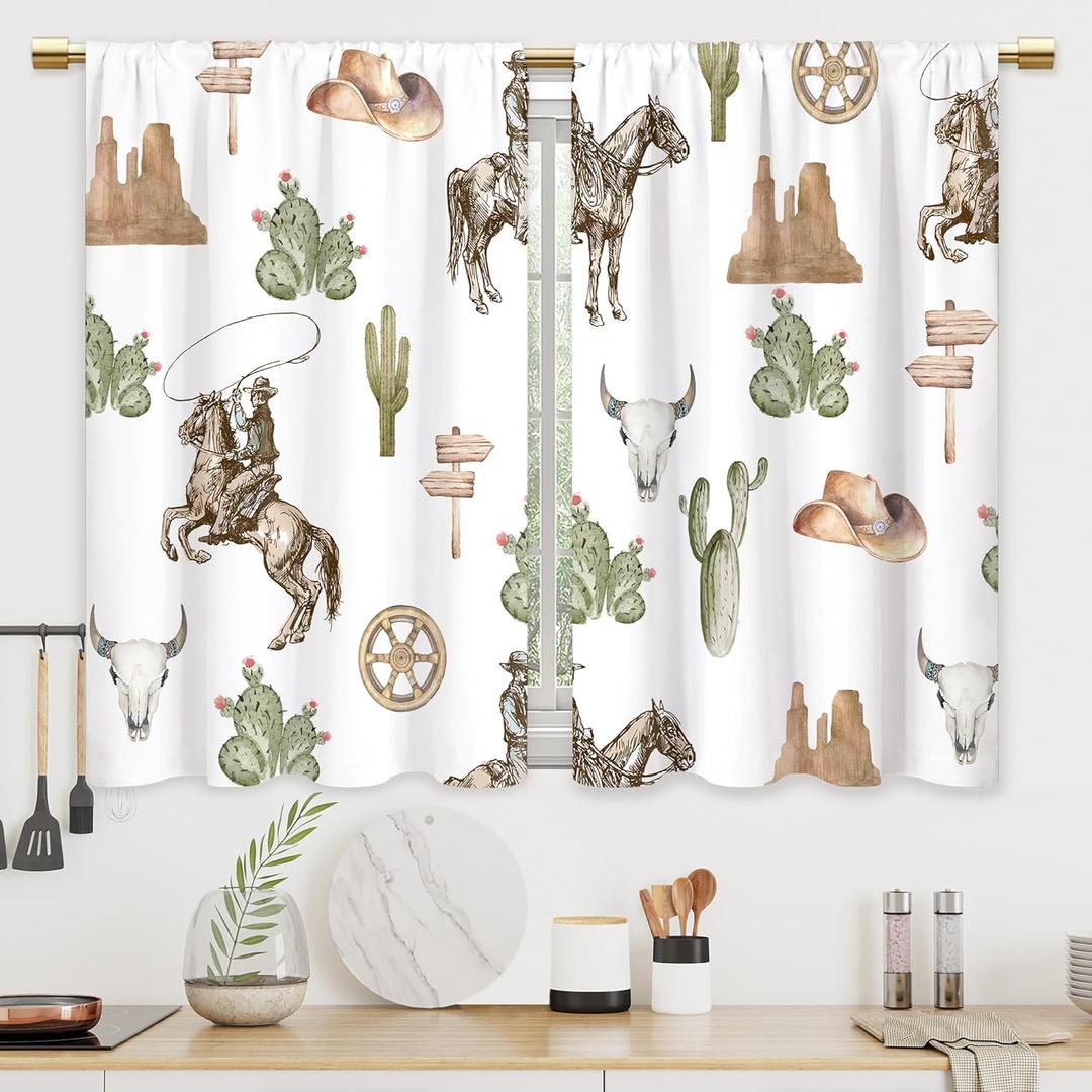 Western Cowboy Kitchen Curtains Rustic Farmhouse Cactus Desert Bathroom Curtains Window Treatment Drape Tier Vintage Country Cafe Small Bedroom Short French Door Curtains 2 Panels 27.5x39 Inch