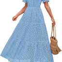 ZESICA Summer Dresses for Women 2026 Casual V Neck Short Sleeve Eyelet A Line Beach Vacation Long Maxi Dresses Sky X-Large