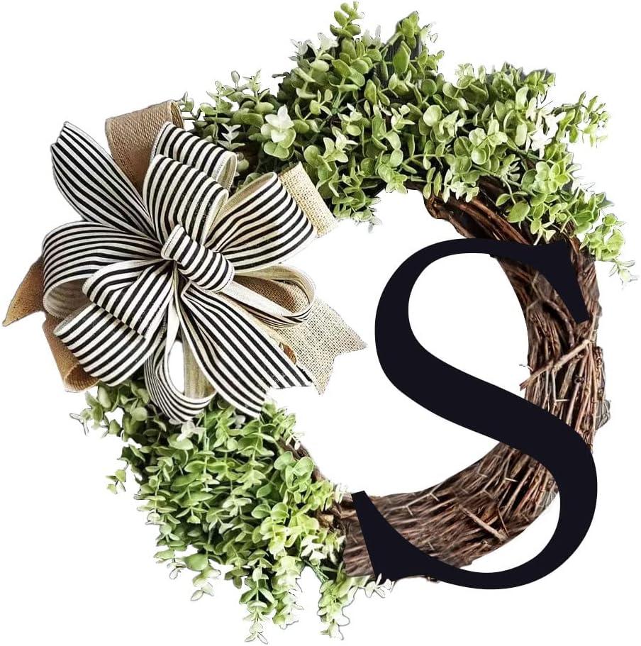 Monogram Initial Letter Wreaths for Front Door with Striped Linen Bow & Fake Green Grass on Grapevine Base Farmhouse Style Rustic Door Decor Spring Summer Green Wreath, S