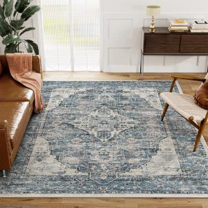 Eleisa 8x10 Area Rugs for Living Room, Blue Machine Washable Low Pile Area Rug, Stain Resistant Vintage Home Decor Rug for Bedroom, Dining Room, Home Office