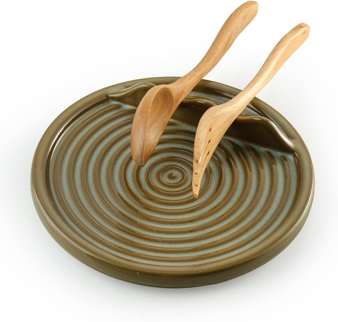 Spoon Holder, Ceramic Spoon Rest for Stove Large Cooking Spatula Holder for Kitchen Countertop Coffee Spoon Rest for Ladle, Spatula, Spoons or Tongs, Green