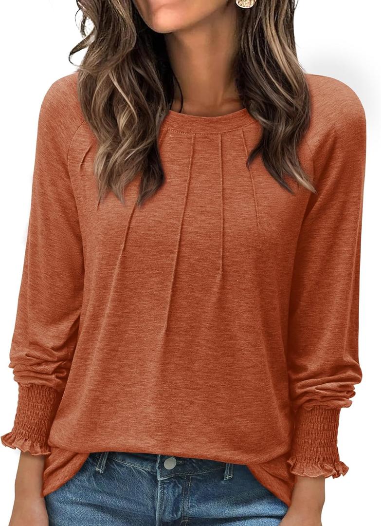 Long Sleeve Shirts for Women 2026 Spring Dressy Casual Blouses Pleated Crewneck Tunic Tops for Leggings Cute Tee (X-Large)