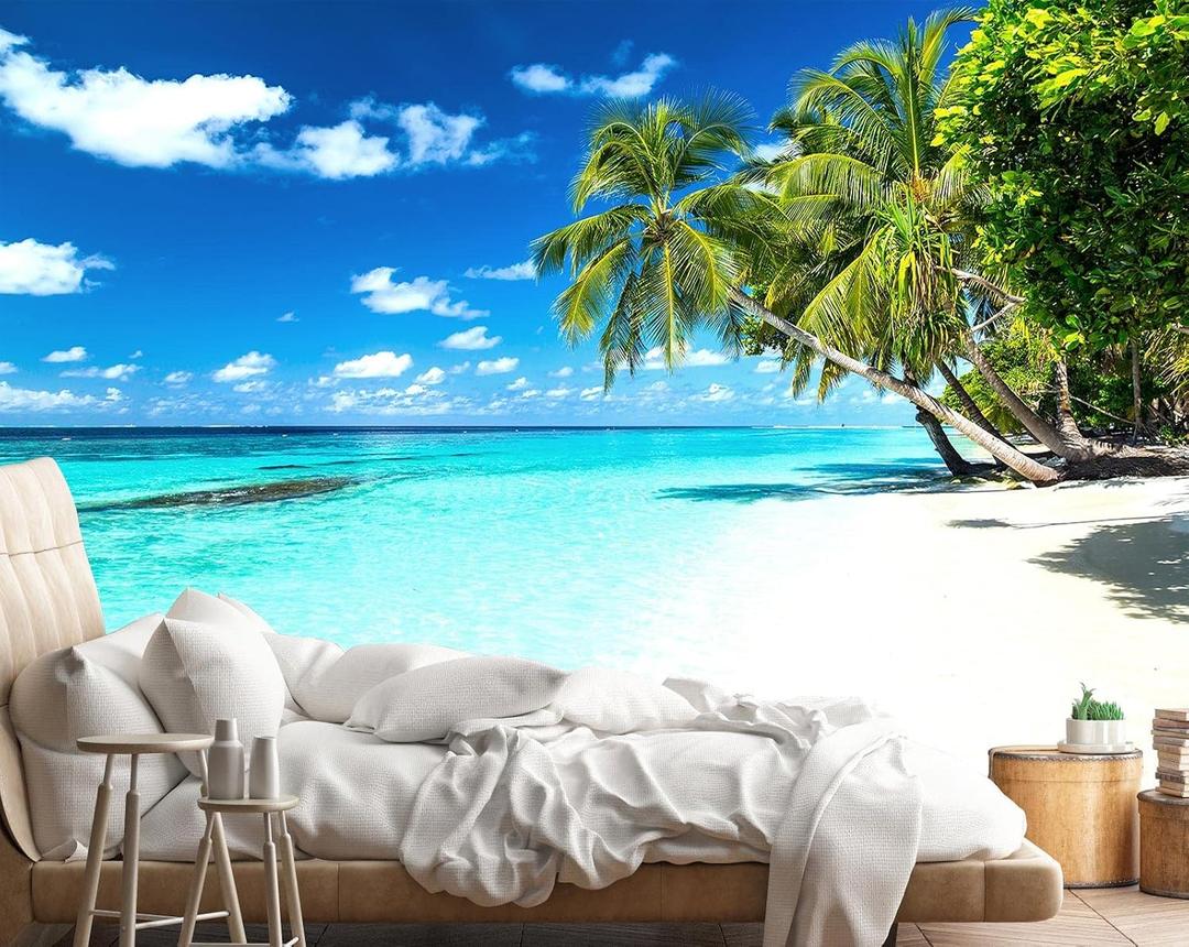 Reyhui Palm Tree Wall Mural Tropic Paradise Beach Seascape Murals Wallpaper for Walls Bedroom Living Room Bedroom TV Background Kids Room DecorationNot Peel and Stick
