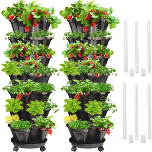 Strawberry Vertical Planter 2 Pack, 7 Tiered Stacking Garden Tower, Stackable Herb Vegetable Planters with Support Pole Indoor Outdoor Black
