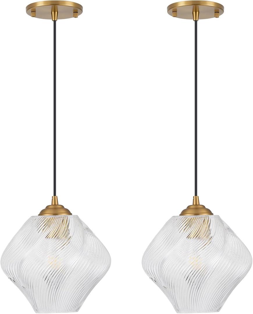 Glass Pendant Light Fixtures, Mid Century Modern Ceiling Hanging Lights with Height Adjustable, Brass Gold Pendant Lighting for Kitchen Island, Hallway, Dining Room, Bedroom (2 Pack)