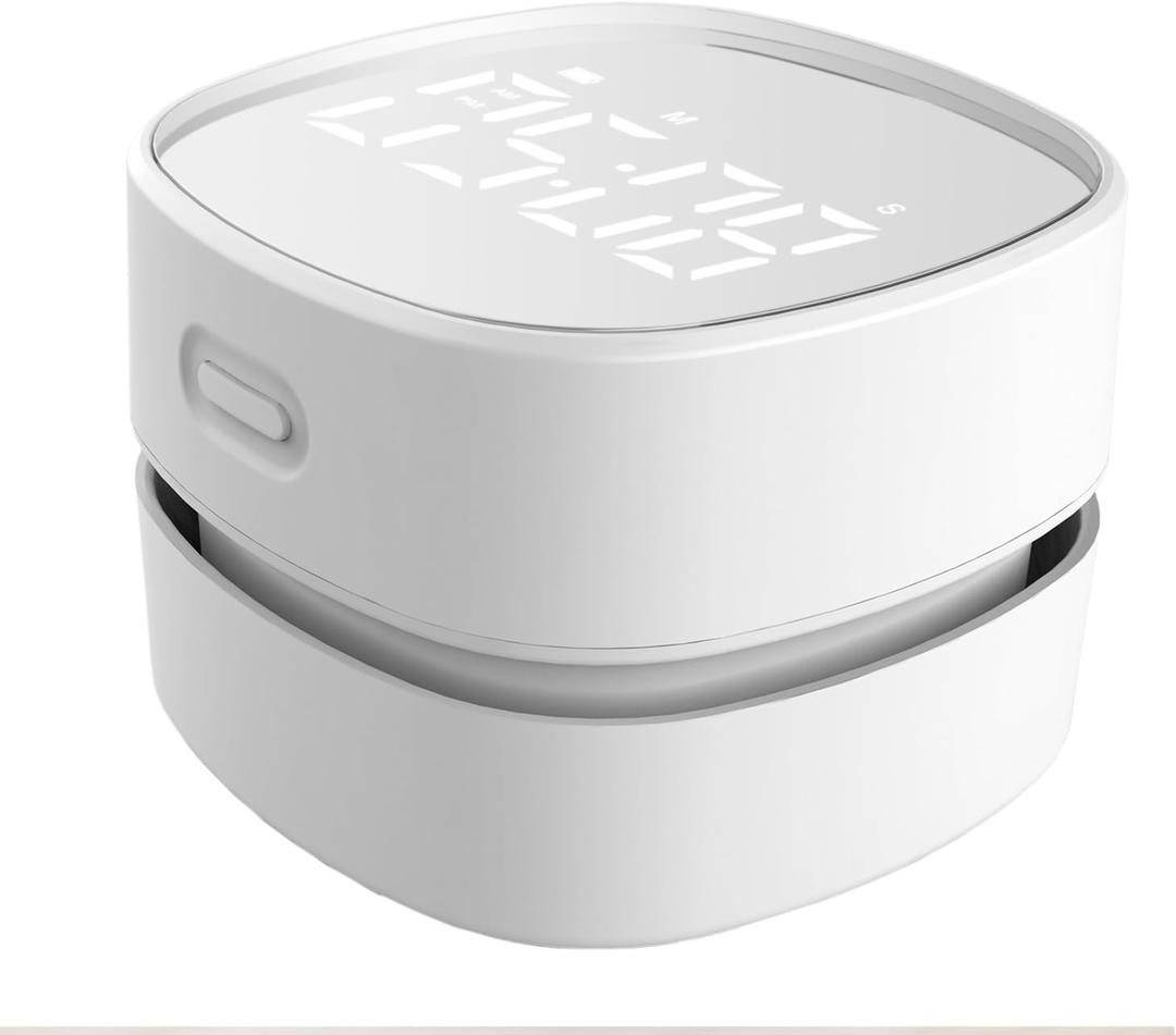 ODISTAR Counter Vacuum Cleaner,Mini Table dust Sweeper Energy with Digital Timer,Endurance up to 400 mins,360 Rotatable for Cleaning Rubber shavings,Crumbs Keyboard of Gifts for Kids(White)