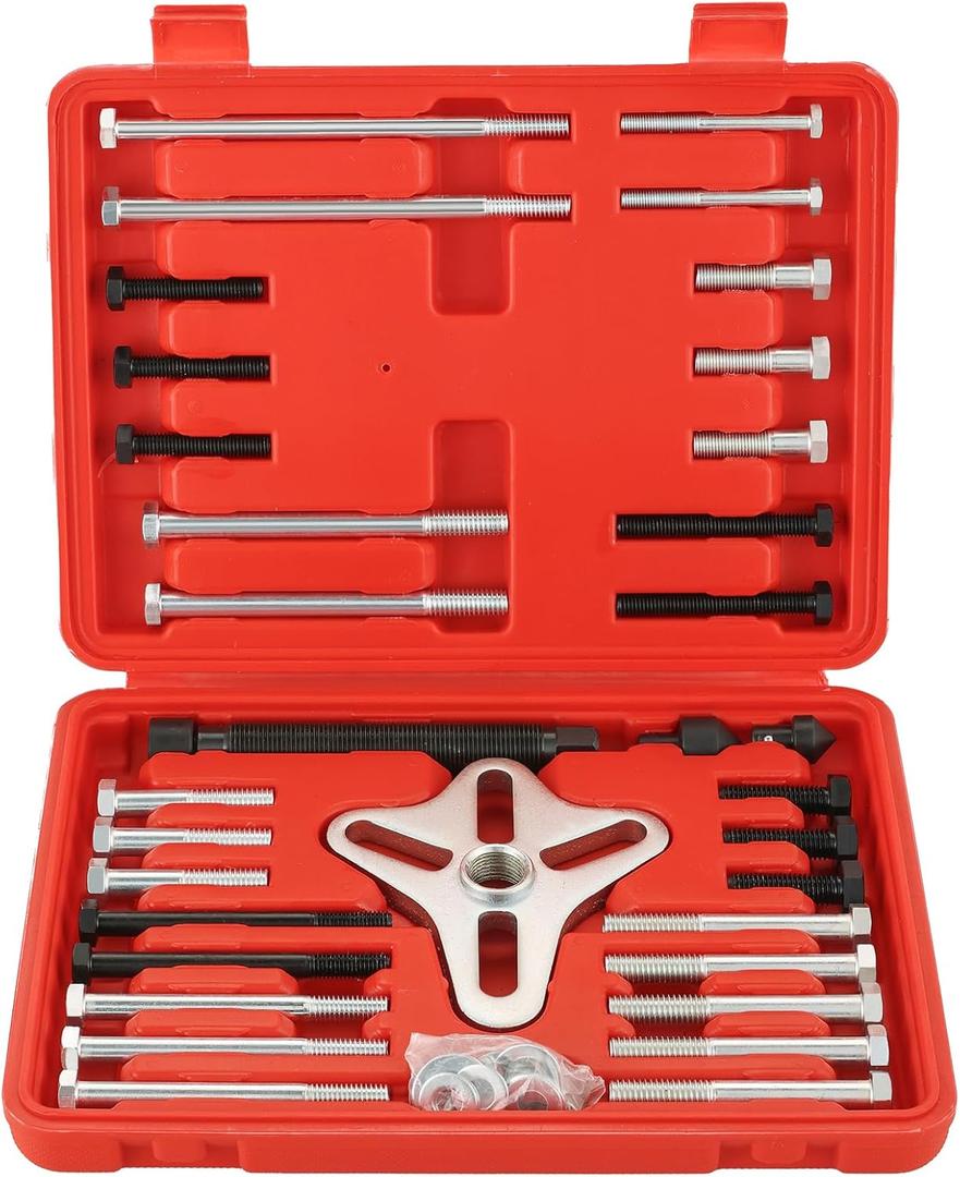 46-Piece Harmonic Balancer Puller Set | Comprehensive Flywheel Puller, Automotive Steering Wheel Puller Kit, Crankshaft Pulley Removal, Gear Puller, Flange Type Puller (Red)