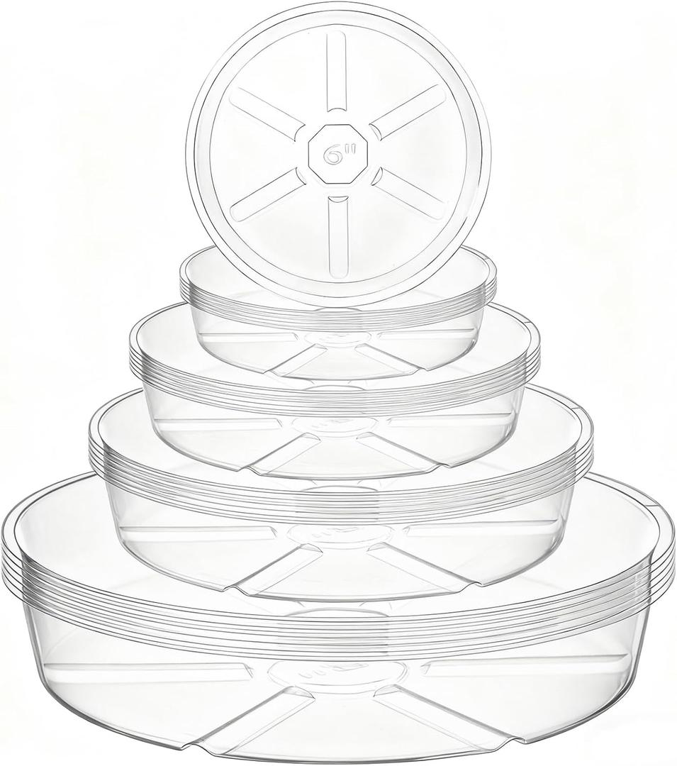 Hacaroa 24 Pack Clear Plant Saucer Drip Trays, 6/8/10/12 Inch Plastic Plant Water Catcher Trays Flower Pot Saucers for Indoor Outdoor Plants, Round, 4 Sizes