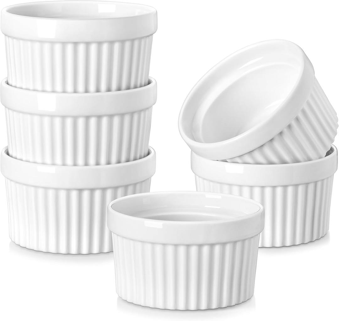 MALACASA Ramekins 6 oz Oven Safe, Porcelain Creme Brulee Ramekins Pudding Custard Cups Small Ceramic Souffle Dishes Ramakan Ramiken Ramicans Baking Bowls Set of 6, White, Series RAMEKIN-DISH