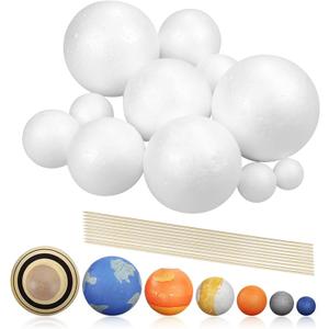 24PCS Solar System Model Foam Ball Project Kit, Planet Model Crafts Includes 14 Sized Polystyrene Spheres Balls, 9.5" Bamboo Sticks for School Science Projects