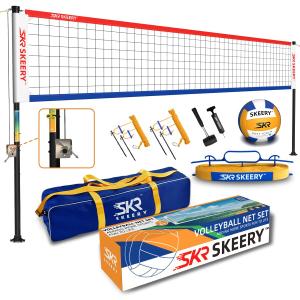 Outdoor Heavy Duty Volleyball Net Set, Anti-Sag Design, Adjustable Aluminum Poles, Portable Volleyball Net for Backyard,Grass and Beach (Red and Blue)