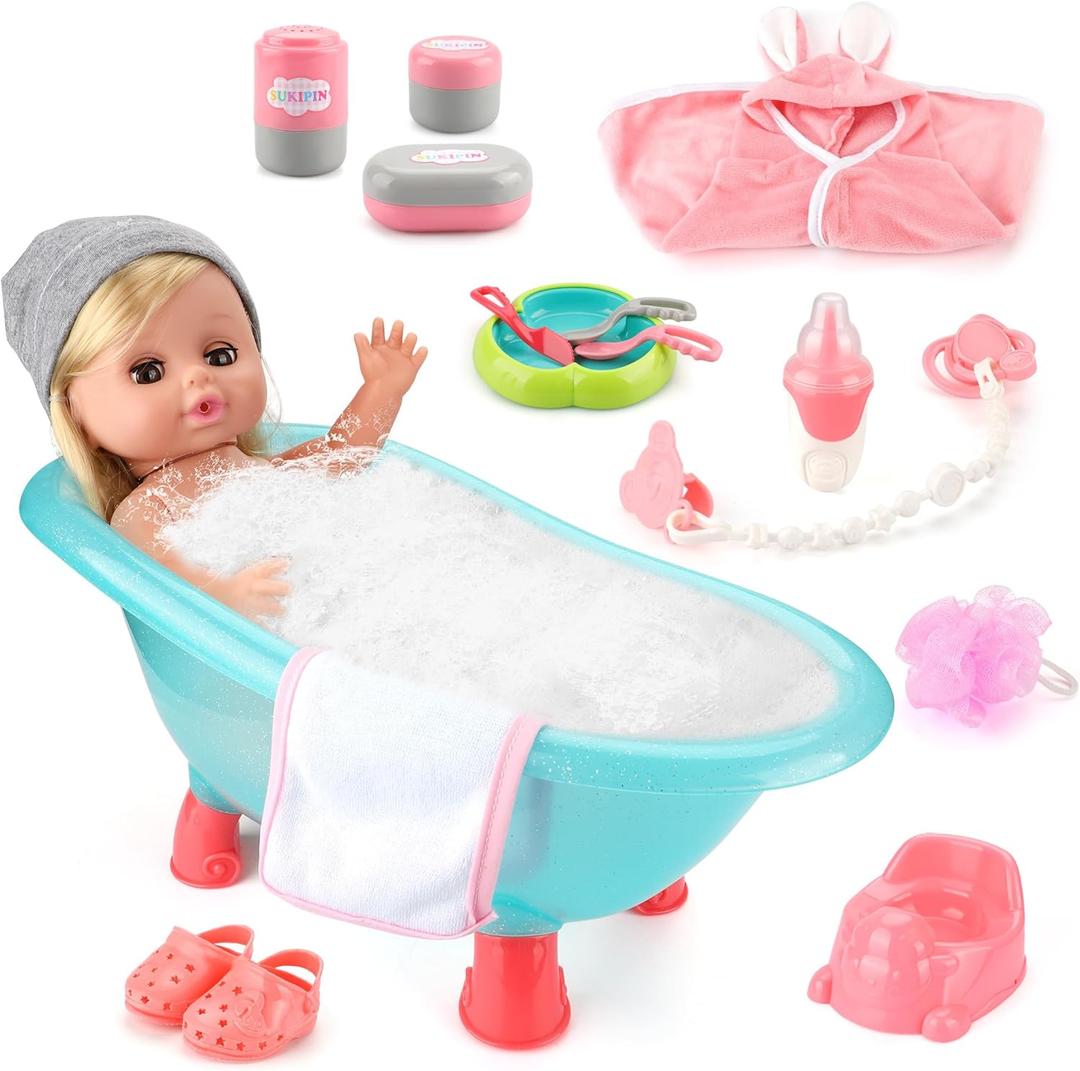 Baby Doll Bath Set, Bathtub Baby Doll Playset for Todders, Valentines Day Gifts for 3 4 5 Year Old Girls, Easter Basket Stuffers for Toddlers Kids (Bathtub Set)