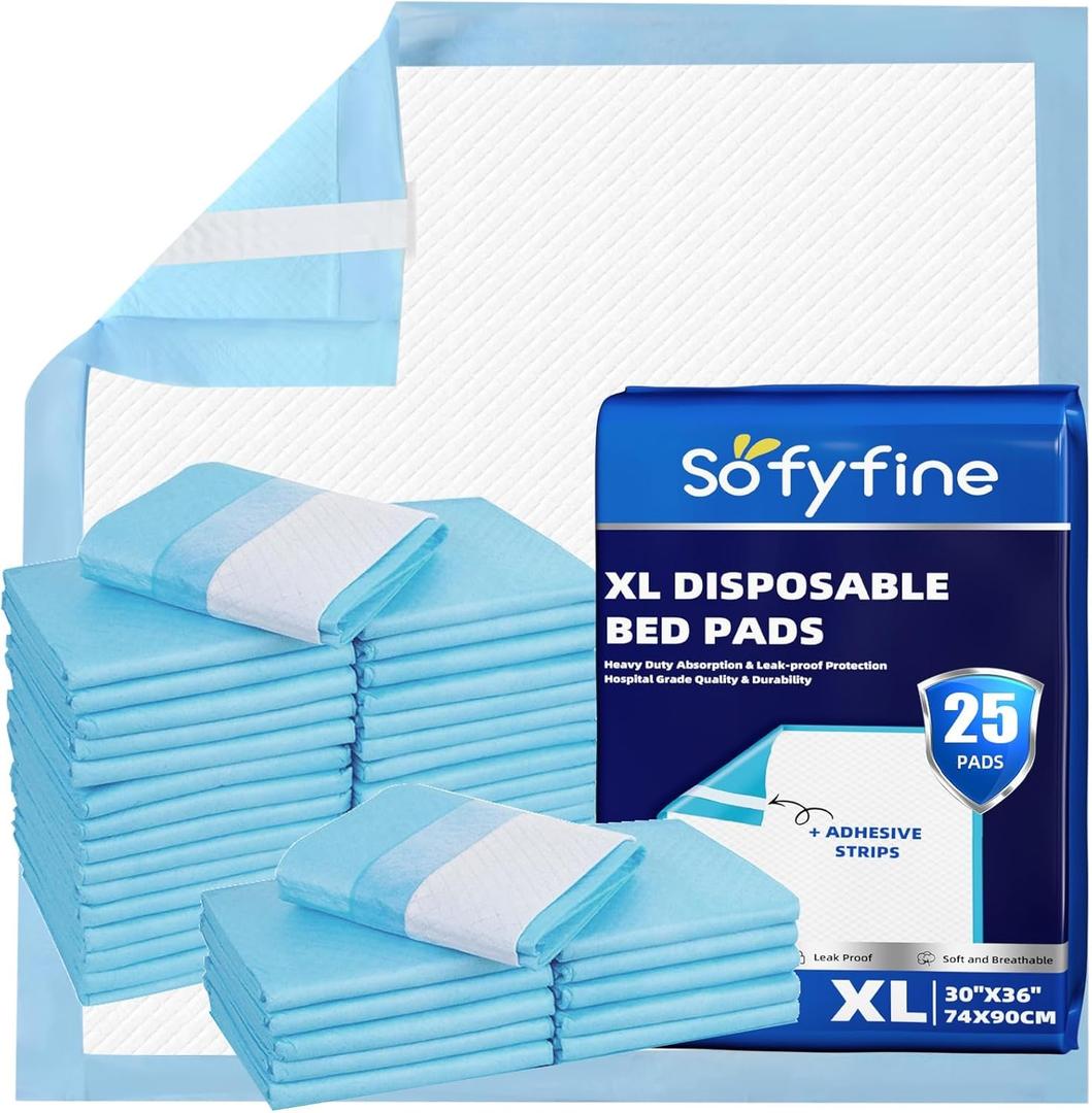 SOFYFINE Bed Pads with Adhesive Strip 30"x36" Thicken Elderly Adults Incontinence Underpads Disposable, Heavy Duty Absorbent Chucks Waterproof, XL Extra Large Puppy Pee Training Pad[25 Pads]
