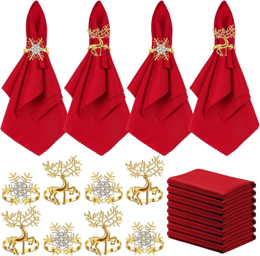 EBOOT 16 PCS Christmas Napkins and Ring Set 8 PCS Red Washable Napkins Cloth Fabric and 8 Christmas Rings Holder for Xmas Holiday Dinner Party Table Decoration(Gold Elk, Gold Snowflake)