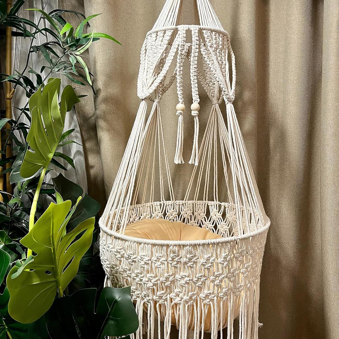 Macrame Cat Hammock - Boho Wall Hanging for Indoor Outdoor Home Decor, Pet Hammock for Sleeping, Playing and Lounging