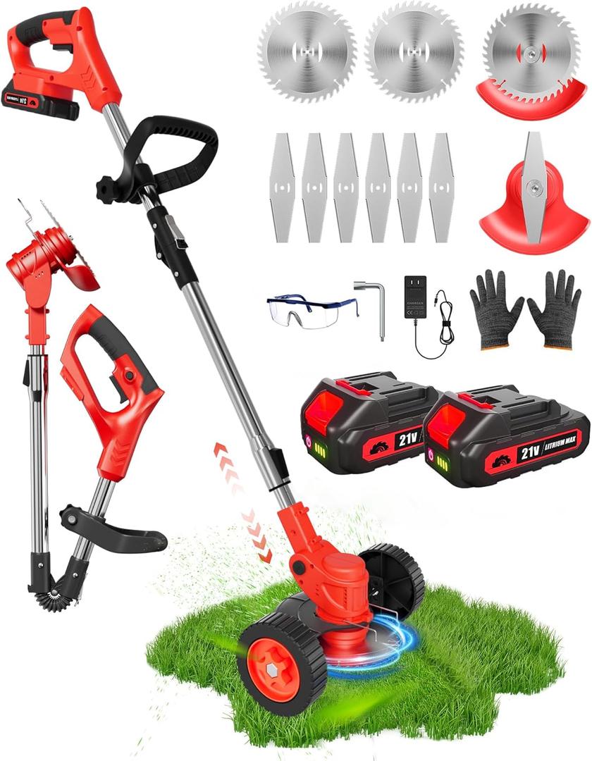 21V Cordless Weed Wacker Battery Operated, 2 X 2.0Ah Electric Weed Eater Battery Powered, Foldable 3-in-1 Weed Trimmer/Brush Cutter/Lawn Mower with 8 Blades (Stringless) & Removable Wheels