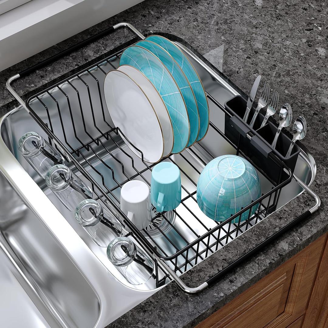Dish Drying Rack Over the Sink In Stainless Steel Black Expandable Drainer for Small Kitchen, Counter Space Saving Compact Inside Sink Plate Dryer, Adjustable Hanging Metal Wire Strainer Drain Holder, For 11.5"-30"w Sink
