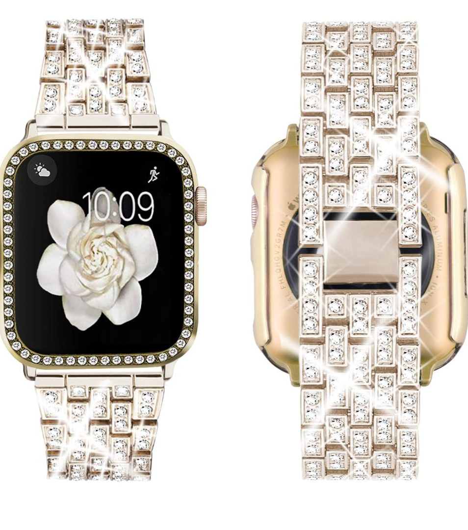 Supoix Compatible with Apple Watch Band 46mm Case, Women Jewelry Bling Diamond Rhinestone Replacement Metal Bands & 2 Pack PC Protector Case for iWatch Ultra 2/ Ultra Series 10/9/8/7/6/5/4/3/2/1/SE