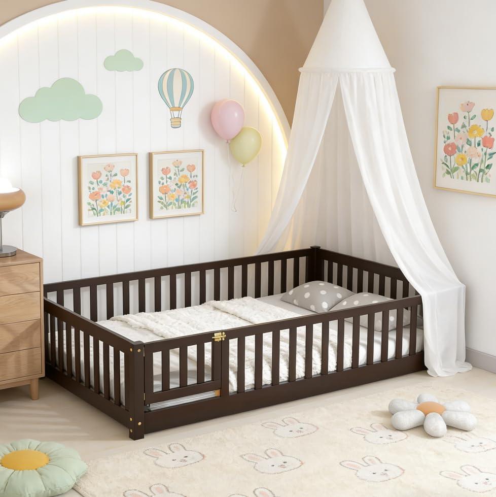 Bellemave Queen Size Montessori Floor Bed with Rails, Pine,Rubber Wood Floor Bed with slats and a Small Door, Espresso