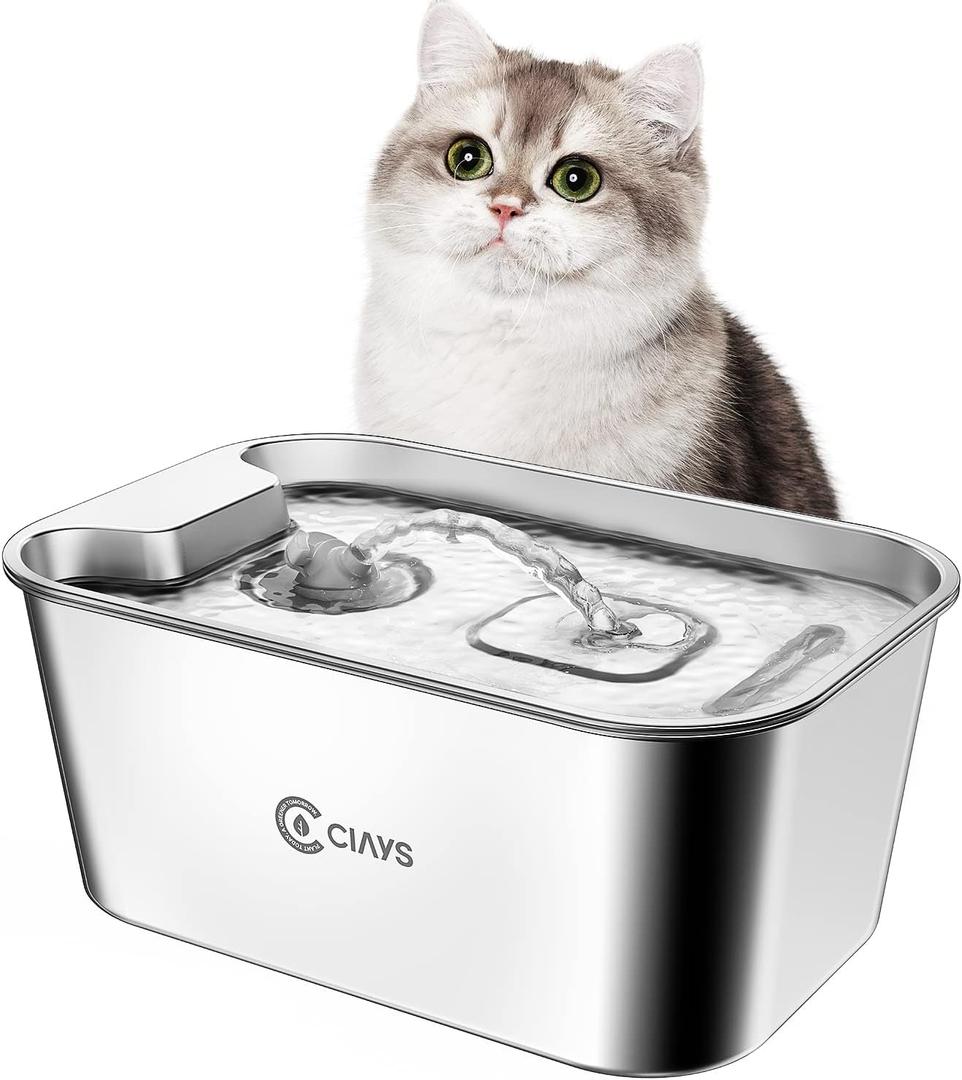 Ciays 61oz/1.8L Cat Water Fountain Stainless Steel Dog Water Bowl Dispenser Automatic Pet Water Fountain with Quiet Pump, Dishwasher Safe Design & Adjustable Water Flow for Cats, Dogs