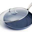 Blue Diamond 12" Nonstick Frying Pan with Lid, Diamond Infused PFAS & PTFE-Free Ceramic Skillet, Dishwasher & Oven Safe, Stay Cool Handle, Durable Non Toxic Metal Utensil Safe, Glass Lid, Blue