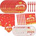 Graduation Plates and Napkins Party Supplies 2026 Graduation Decorations for 24,Red Disposable Grad Plates Class of 2026 Dessert Plates Napkins,Tablecloth,Forks,for Congrats Grad Party Decorations