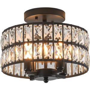 SeeU Modern Crystal Chandelier Black Flush Mount Pendant Lighting 12.6'' Ceiling Light Fixture for Bathroom Bedroom Hallway
