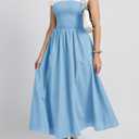 Wenrine Womens Casual Summer Midi Dress Smocked Cap Sleeve Crew Neck Color Block A Line Flowy Beach Dresses (Sky Blue)