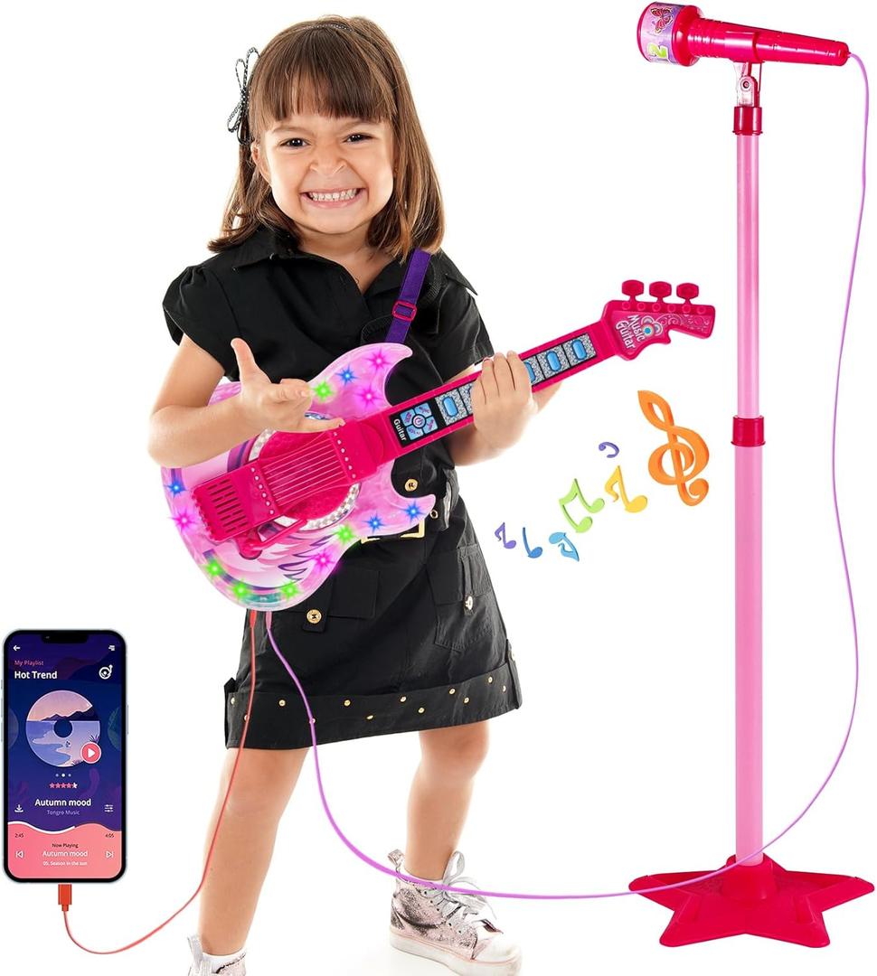 Guitar and Microphone Play Set for Girls, Karaoke Machine with Music & Light, Microphone Toys with Stand, Adjustable Height Guitar Toys for Kids, Toddlers, Child (Red)