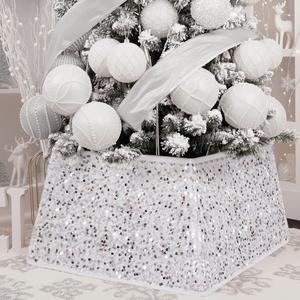 XmasExp Christmas Tree Collar, 24 inch Sequin Tree Skirt Stand Base Cover for Home Decor, Medium Size 4 Piece, White (Small)