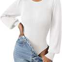 Zeagoo Women 2026 Long Puff Sleeve Sweater Fall Slim Fit Pullover Tops Crewneck Ribbed Knit Bodysuit Jumpsuit (Large, White)