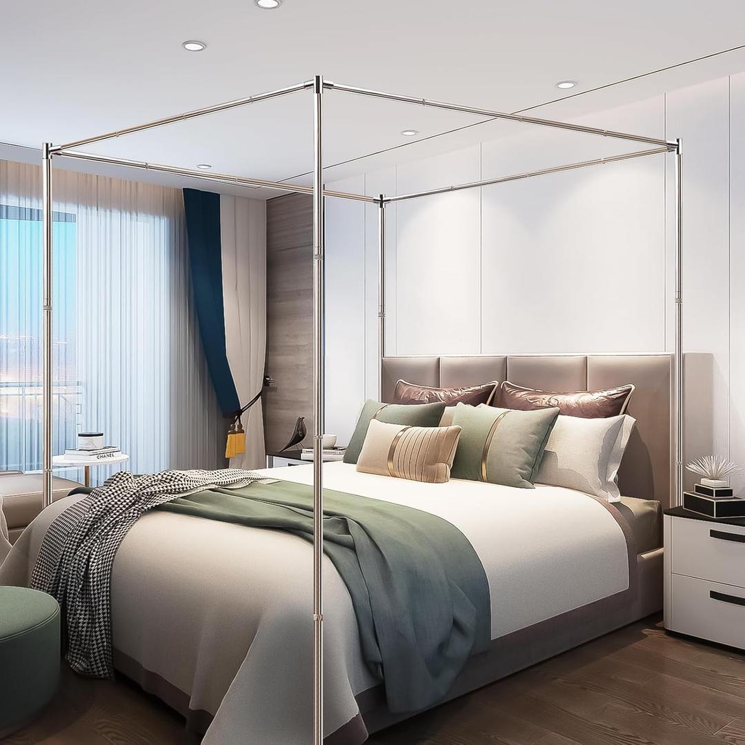 Stainless Steel Canopy Bed Frame Twin Size, Sturdy Post Poles Thicken Twin Size Canopy Frame for Metal Bed Wood Bed Bedroom Decor (Twin, Metal Connectors)
