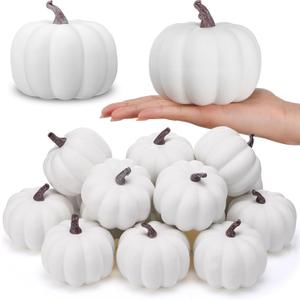 Liliful 12 Pack 4 Inch Fall Harvest White Artificial Pumpkins Crafts Rustic Decorative Pumpkin Foam Pumpkins Decoration for Halloween Thanksgiving Wedding Dining Table Centerpiece Decorating