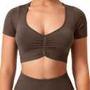 TAYOEA Crop Tops Workout for Women Yoga Short Sleeve Shirts Seamless V-Neck Gym T Shirts with Built in Pads (Brown, M)