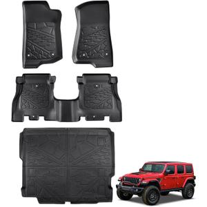 for Jeep Wrangler JL 2018-2025 Unlimited 4 Door Without Subwoofer (Non JK or 4XE) Floor Mats Cargo Liner Trunk Carpet TPE All Weather mat for Wrangler JL 2019 2020 2021 2022 2023 2024 Car Accessories