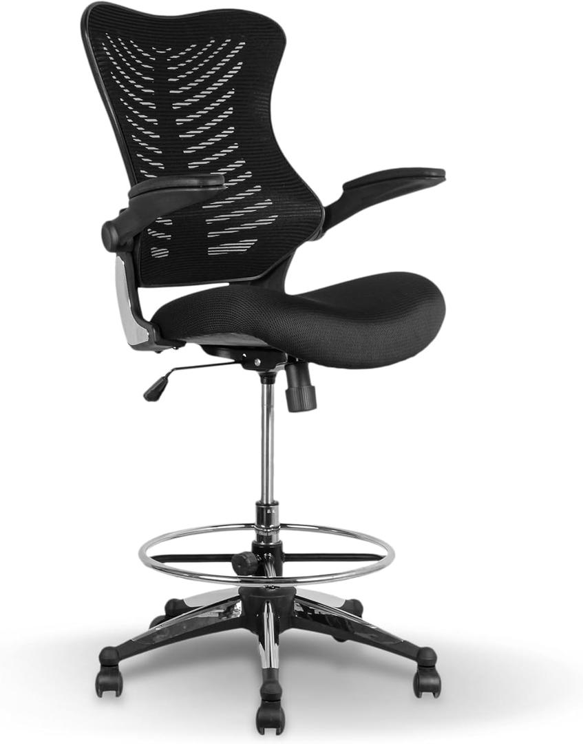 OfficeFactor 300 Lbs Tall Drafting Chair with Adjustable Foot Ring & Flip-Up Arms Ergonomic Standing Desk Chair, Breathable Mesh Office Chair for Tall Desks, Counter Height & Reception(Black), 26.5 inches x 25.5 inches x 51.5 inches