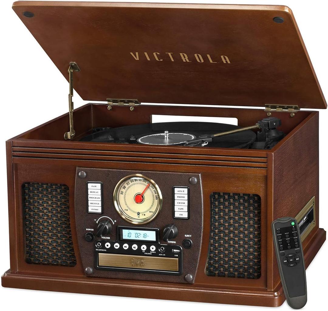 Victrola Navigator 8-in-1 Bluetooth Record Player with Built-in Speakers 3 Speed Turntable, CD Player, Cassette, FM Radio, USB, RCA Out, Headphone Jack, Wireless Music Streaming, Real Wood (Espresso)