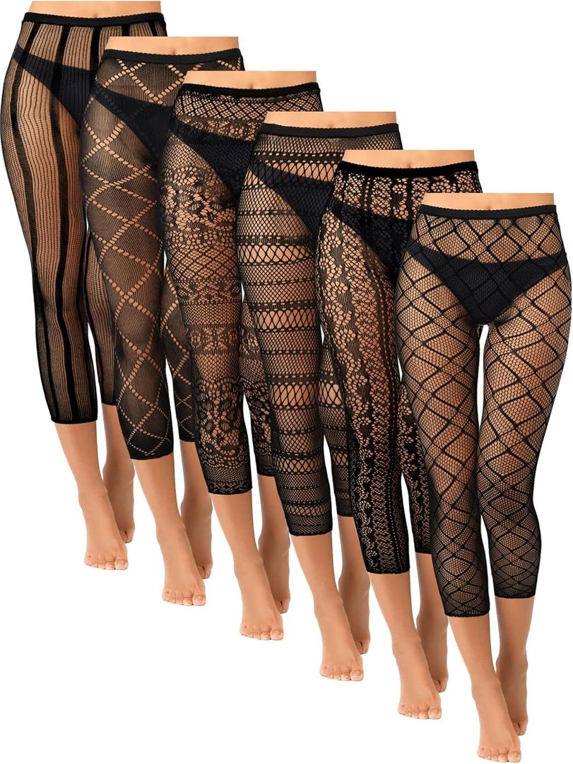 Yahenda 6 Pcs Footless Fishnet Tights for Women Fishnet Thigh High Stockings Lace Mesh Pantyhose Leggings for Halloween (X-Large, Black)