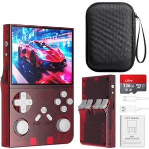 R40 Retro Handheld Game Console with Storage Case - Open Source System,3.5" IPS Screen, 18,000+ Classic Games, 128G TF Card, 3000mAh Battery, Portable Gaming Player for Travel, Red