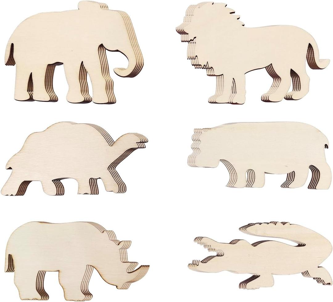30 Pack Unfinished Wood Animal Cutouts - Jungle Crafts Wood Elephant, Rhino, Lion, Hippo, Crocodile, Turtle Cutouts to Paint Wooden Safari Animal Hanging Ornaments DIY Gift Tags