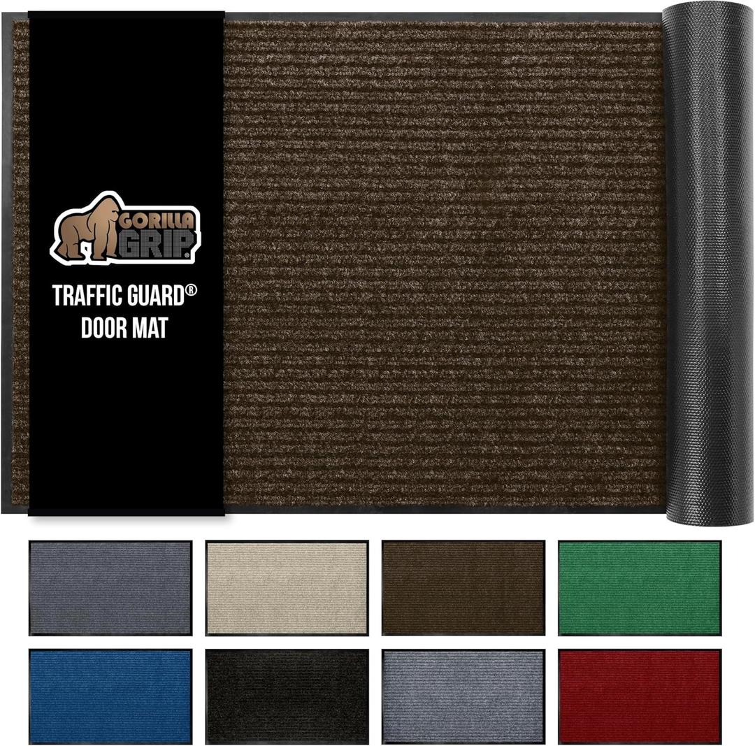 GORILLA GRIP Waterproof Traffic Guard Door Mat, 35x23, Heavy Duty Entryway Mats, Strong Rubber Back Commercial Utility Rugs for Office Hallway, Garage Floor and Home, Low Profile Carpet Runner, Brown